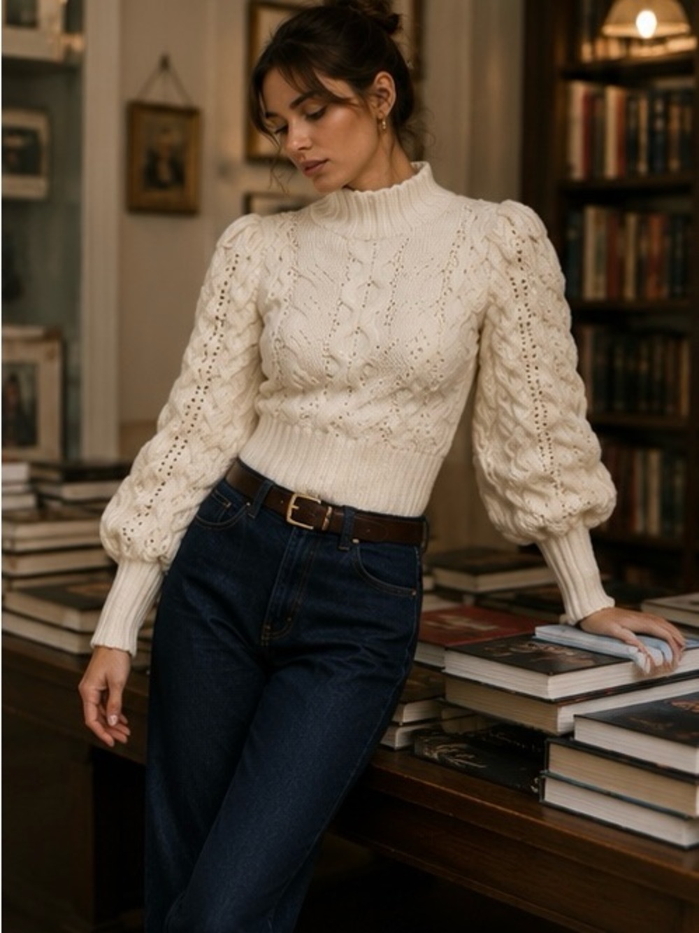 Banana Republic Ticino Cable Knit Puff Sleeve Sweater Cream S